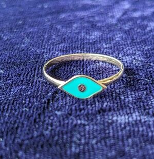 Solid 14K Gold Evil Eye Stacking Ring With Turquoise Blue Enamel, Size 9